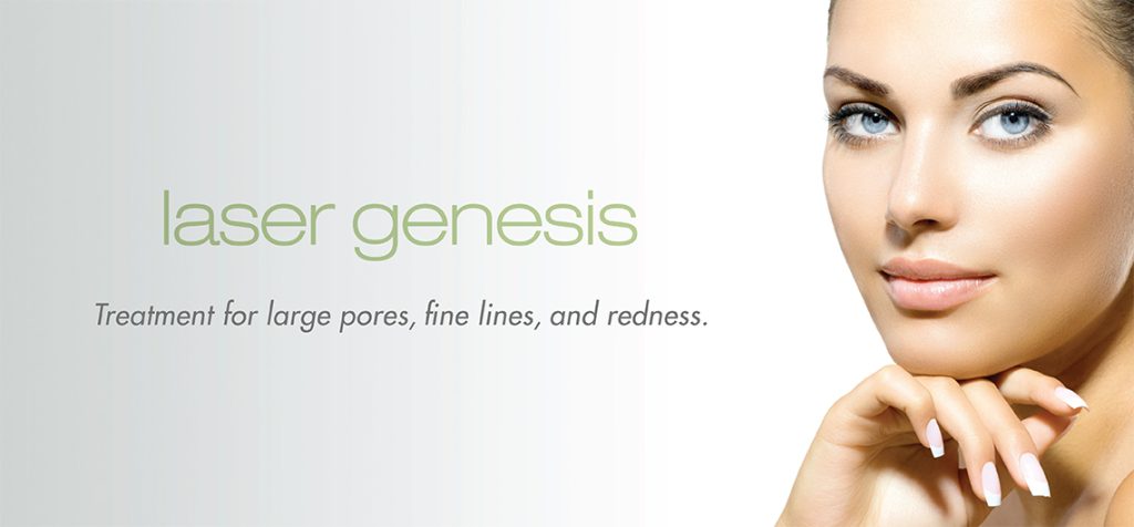 The image features a woman with blue eyes, wearing makeup, including lipstick, against a white background. She has blonde hair and is looking directly at the camera. In the foreground, there s text that reads  laser genesis  in uppercase letters, followed by smaller text that says  treatment for fine lines,   realness.  The style of the image appears to be a promotional advertisement with a focus on cosmetic services.