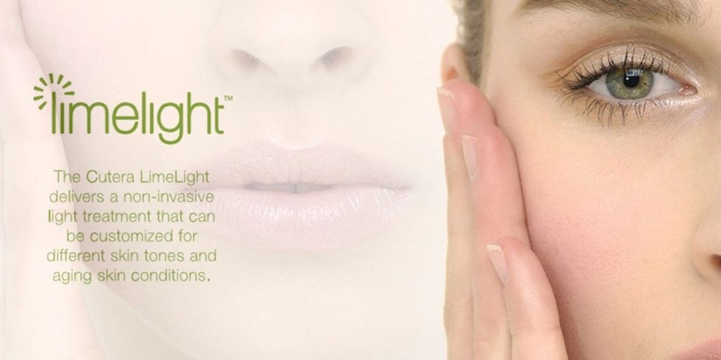 The image features a close-up of a woman s face with a focus on her eyes, which are looking upwards towards the camera, while she appears to be applying or receiving a skincare treatment. In the background, there is text that reads  TIMELIGHT  and additional smaller text stating,  The curea light treatment that can improve skin tone and reduce signs of aging.  The style of the image suggests it may be an advertisement for a skincare product or service.