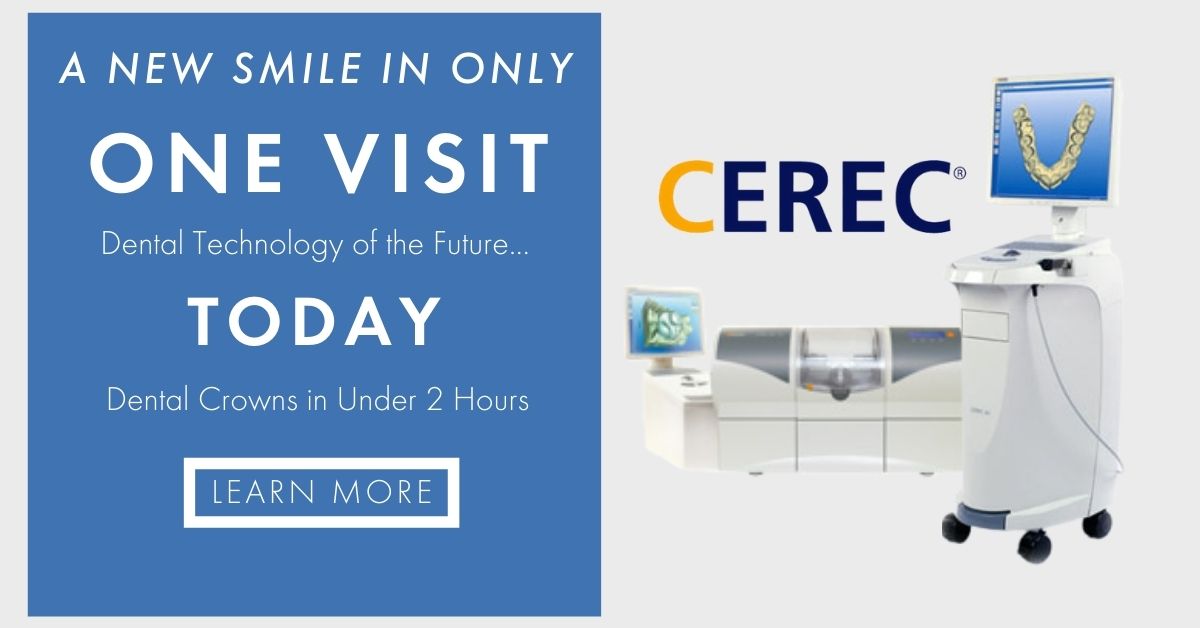 The image features a promotional advertisement for a dental technology company named  CEREC,  advertising a new smile in one visit, with a photo of a dental chair and equipment in the background.