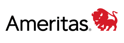 The image shows a logo with the text 'AMERITAS' prominently displayed, accompanied by a stylized graphic element resembling a shield with a red emblem inside.